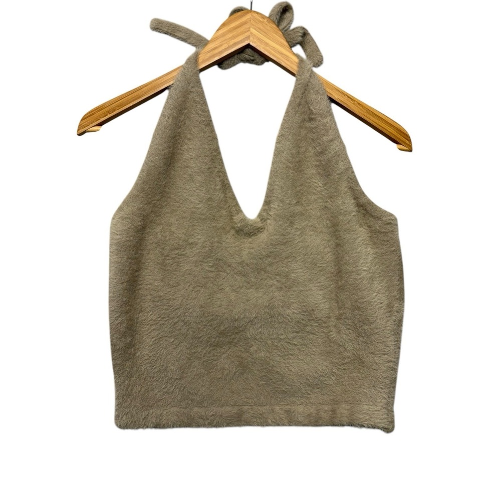 Gymshark Womens Top XL Beige Halter Cropped Tank Fuzzy Soft Whitney Simmons